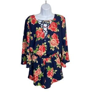 SHOW ME YOUR MUMU Romper Tillie Tie Floral Mini Navy Blue Pink S
